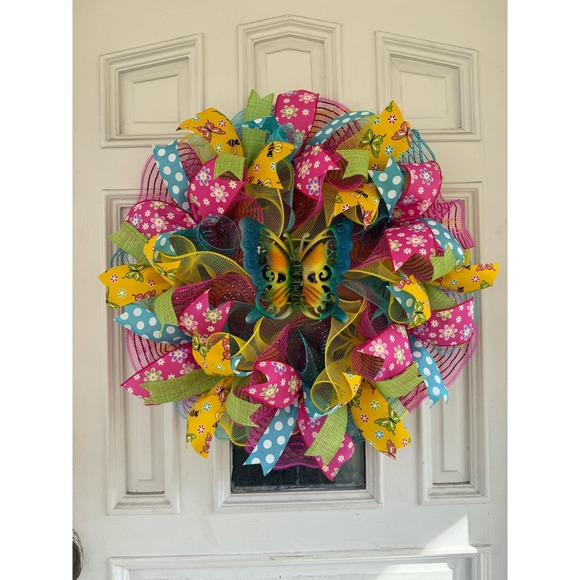 Butterfly Deco Mesh Ribbon Spring & Summer Wreath Front Door Hanger Home Decor - Picture 1 of 8